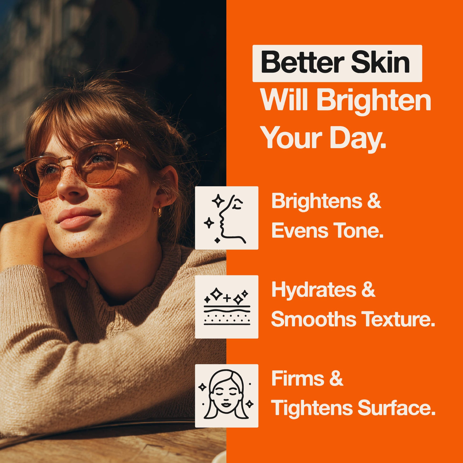 Woman wearing sunglasses with an orange background and text about skincare benefits. facial cleanser, clean skin, skin repair, gift for wife, skincare routine, gentle face wash, hydrating cleanser, anti-aging skincare, daily cleanser, sensitive skin care, skin revitalization, luxury skincare gift, natural cleanser, deep pore cleanse, skin renewal, manuka honey