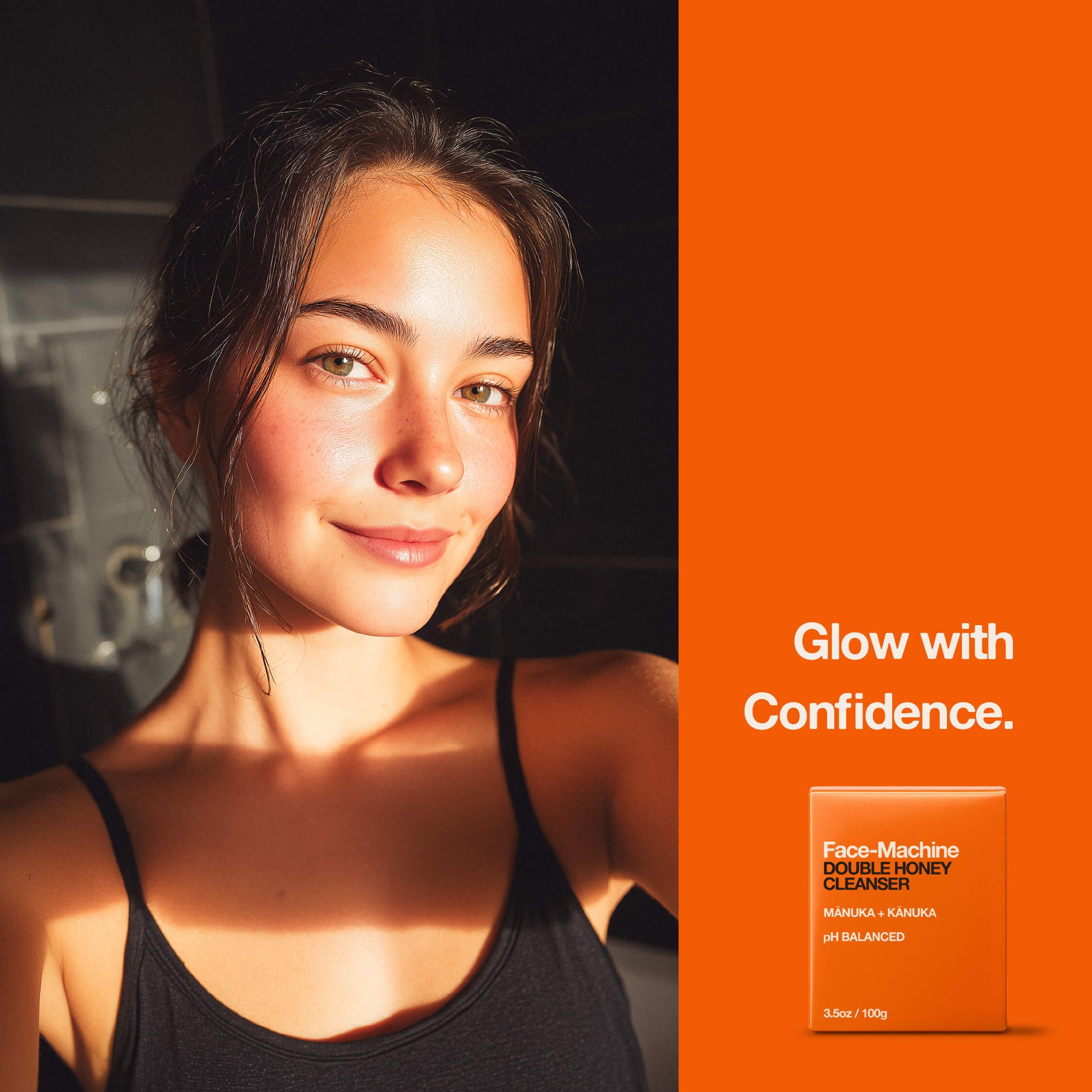 Woman with glowing skin next to an orange product box with 'Glow with Confidence' text. facial cleanser, clean skin, skin repair, gift for wife, skincare routine, gentle face wash, hydrating cleanser, anti-aging skincare, daily cleanser, sensitive skin care, skin revitalization, luxury skincare gift, natural cleanser, deep pore cleanse, skin renewal, manuka honey